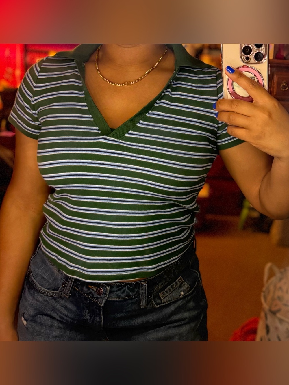 Old Navy Green and White Striped V-Neck Crop Polo